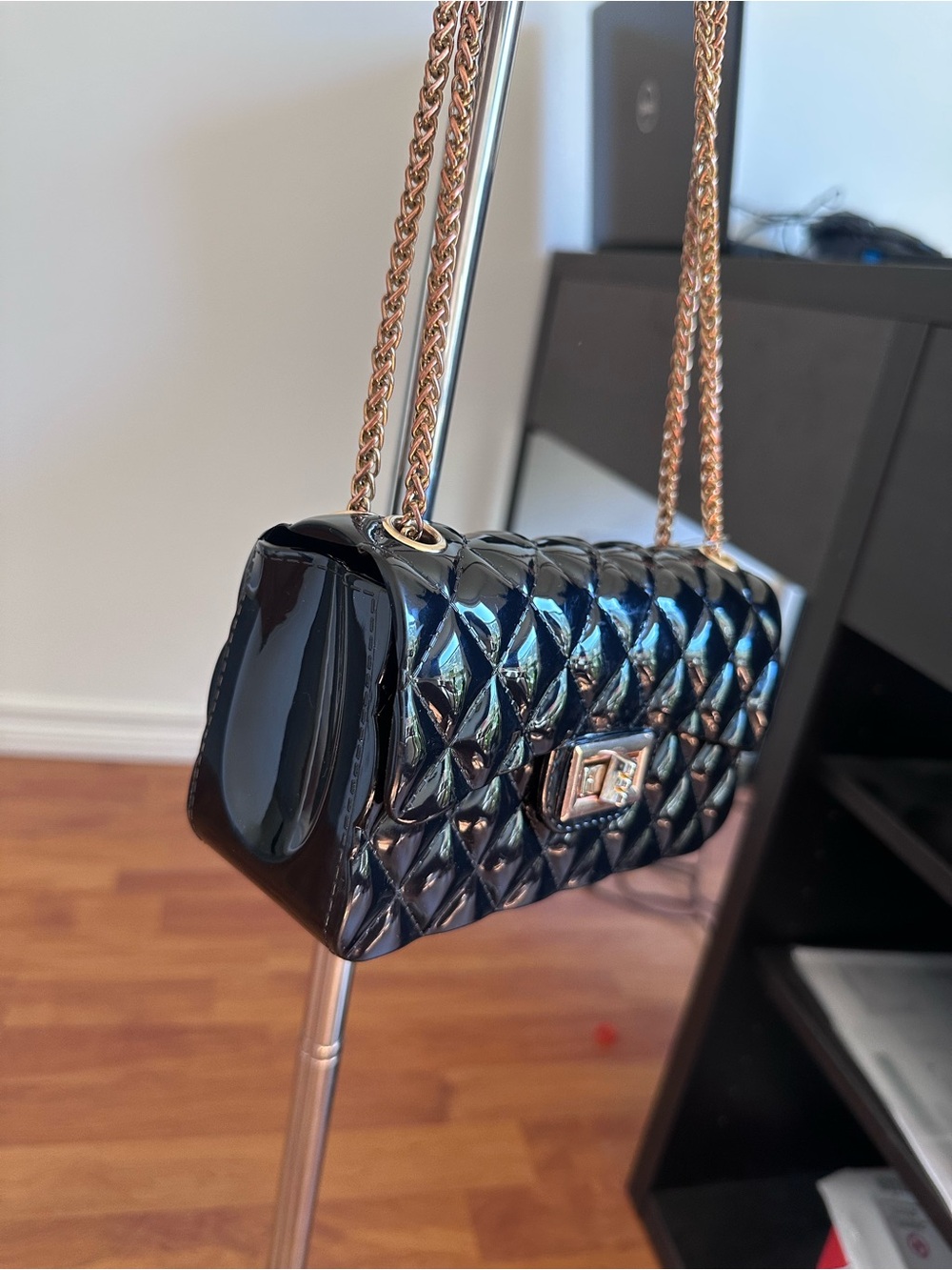 Quilted Patent Chain Shoulder Bag - Black